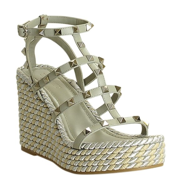 Valentino Studded Wedge Sandals in Olive and Silver - Picture 1 of 7